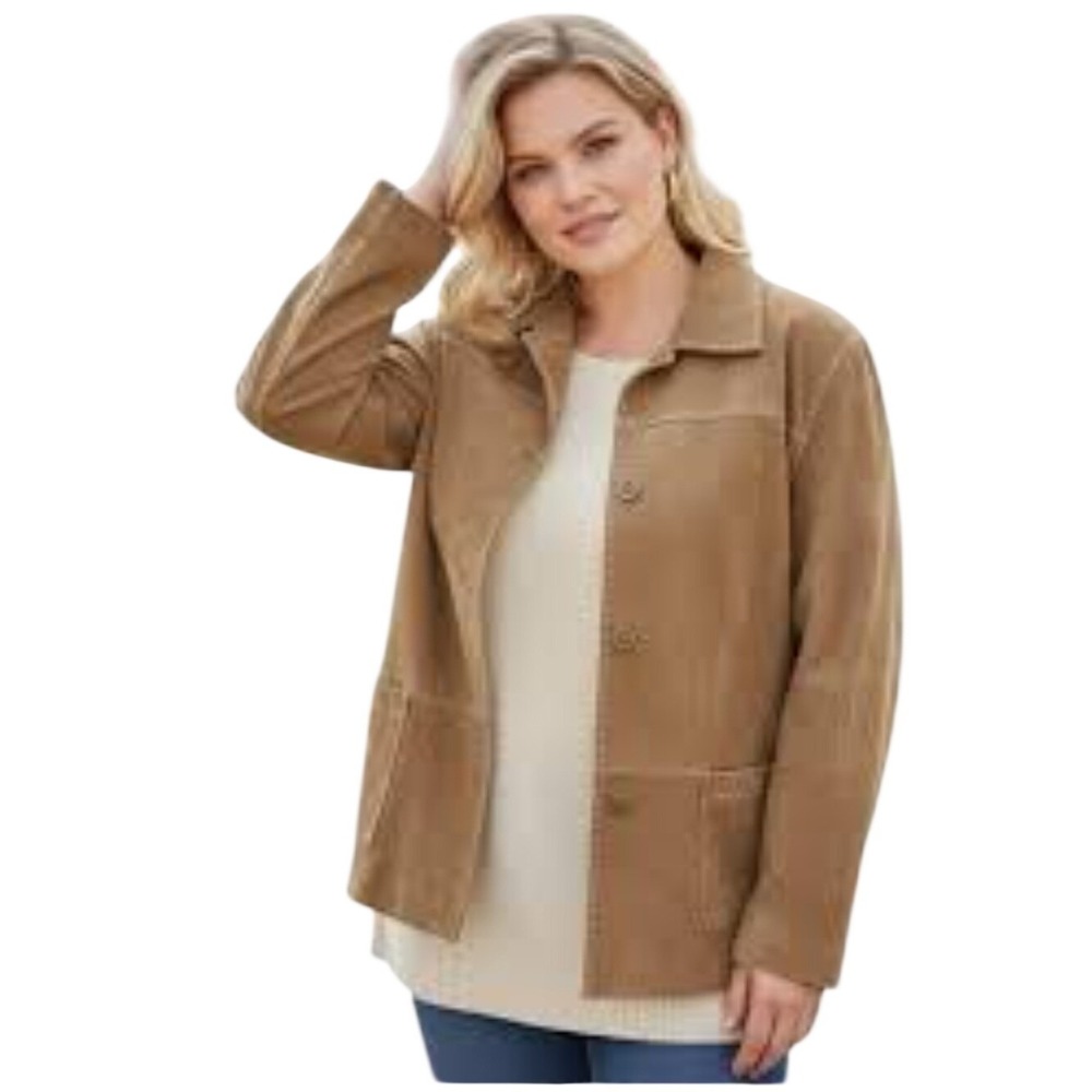 Denim & Co Womens Tan Leather Suede Whipstitch Button Front Jacket XL A2397 - Picture 1 of 8